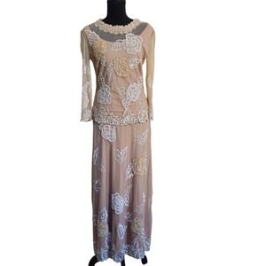 FRANK USHER Vtg Beaded Sequin Mesh Gown Nude Floral 2-Piece US 8